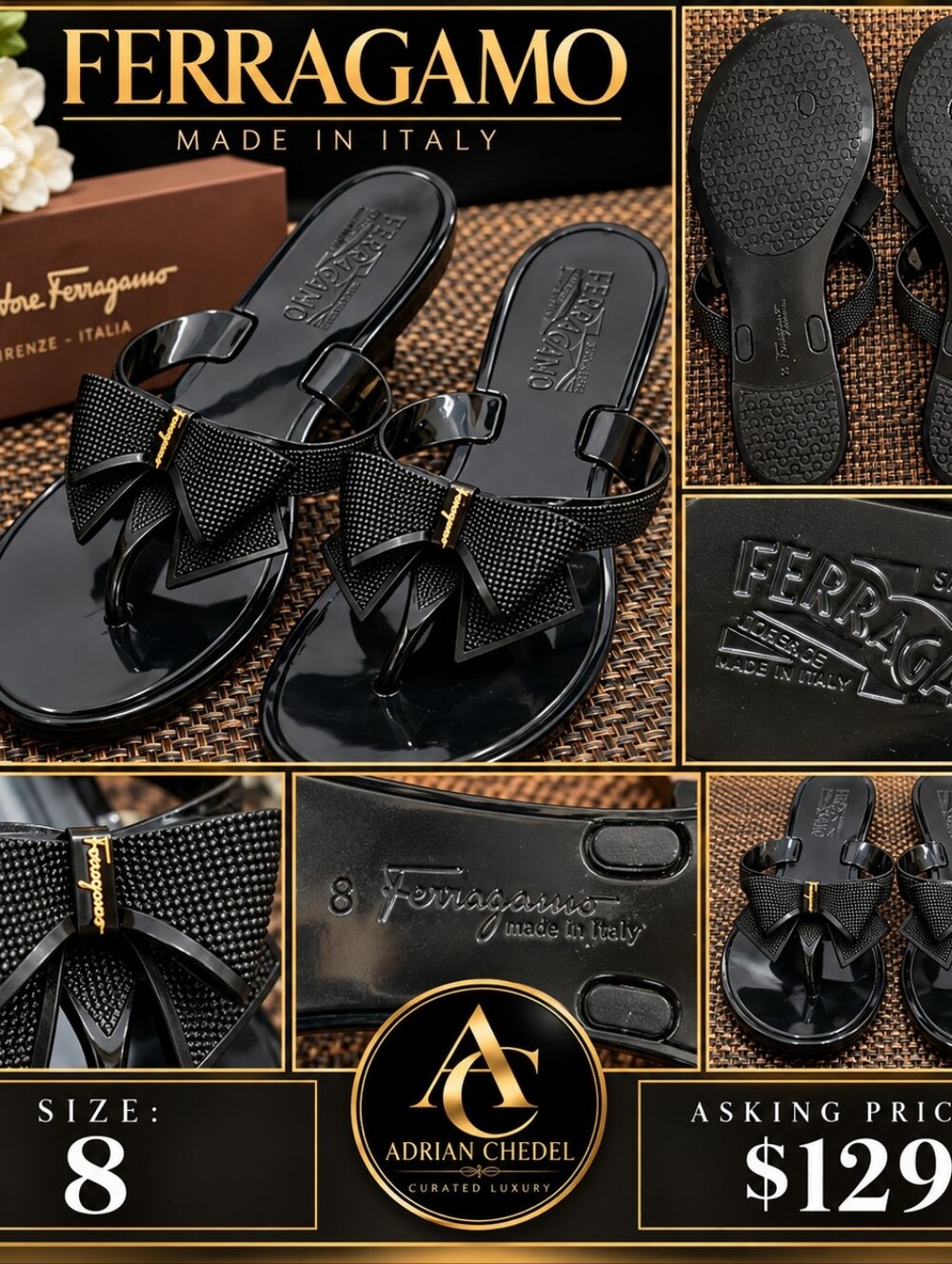 Salvatore Ferragamo Black Bow Thong Sandals